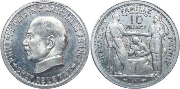 France Etat Français 1940-1944 Essai 10 francs Pétain 1943 Vézin PCGS SP63