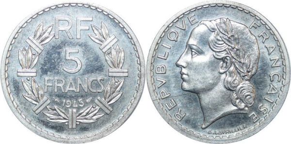 France Finest  5 Francs Essai Piefort Lavrillier 1945 SP64 SPL  