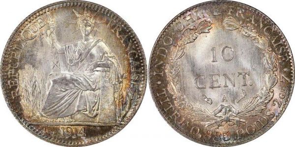 Indochina Finest 10 Centimes 1914 A Paris PCGS MS67 
