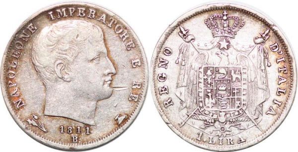 Italy Inedit One Lira Lire Napoleon 1811 B/V Bologna / Venice Silver 