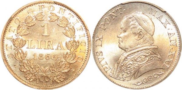 Italy Lira Pius IX Pont 1866 R Orléan PCGS MS66 Argent Silver