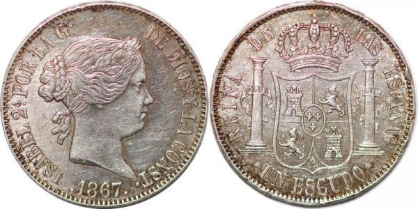 Spain Scarce Escudo Isabel II 1867 KM#626 Silver UNC 
