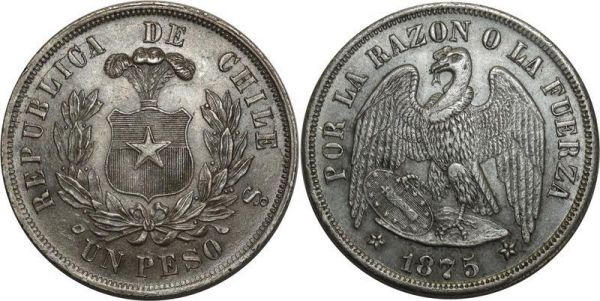 Chili Scarce Chili Republic Peso 1875 SO Santiago mint UNC 