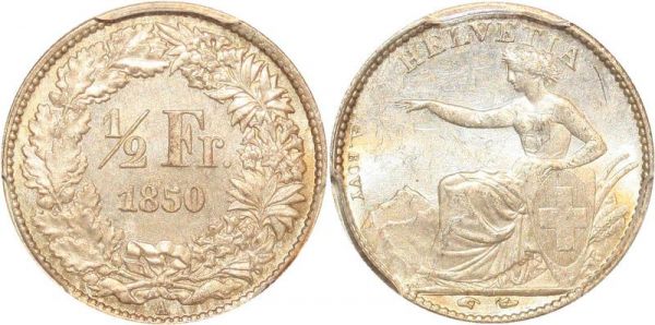 Switzerland Swiss 1/2 Franc 1850 A Paris PCGS MS63 Argent Silver