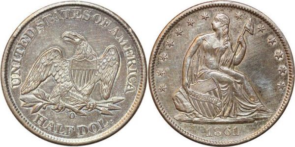 United States Scarce Half Dollar Liberty Seated 1861 O Silver UNC