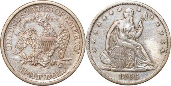 United States Scarce Half Dollar Liberty Seated 1866 S Silver AU