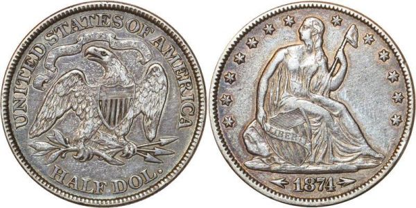 United States Scarce Half Dollar Liberty Seated 1874 Silver AU