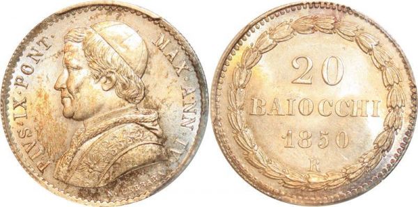 Vatican Finest 20 Baiocchi Pius IX Pont 1850 R Roma Silver PCGS MS65