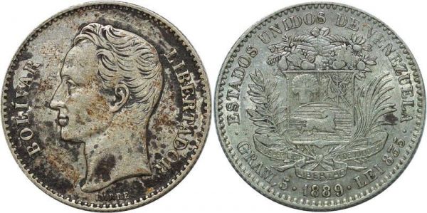 Venezuela  Scarce Bolivar LibertadOr 1889 Silver XF 