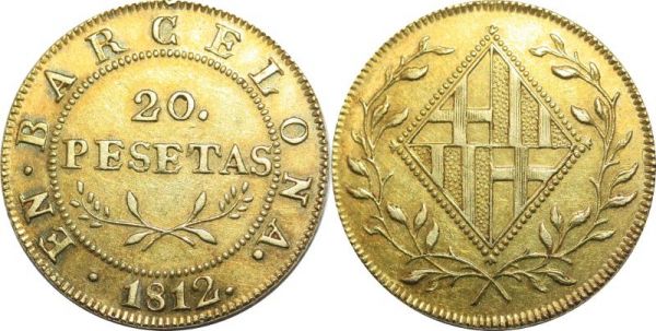 Extra - Spain Barcelona 20 pesetas Joseph Napoleon 1812 Or Gold AU
