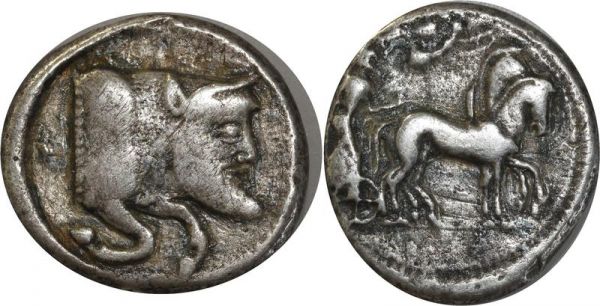 Greek coin Sicily Gela. 465-440 BC Tetradrachm Quadriga right Bull Taureau Silver