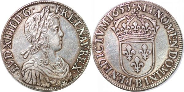 Louis XIV 1643-1715 Ecu à la mèche longue 1653 B Rouen Argent SUP