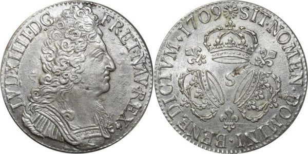 France Ecu Louis XIV 3 couronnes 1709 S Reims Argent Silver SUP