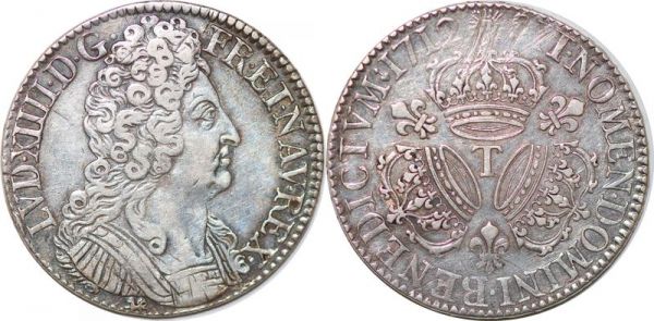 France Louis XIV Ecu trois couronnes 1712 T Nantes Argent Silver 