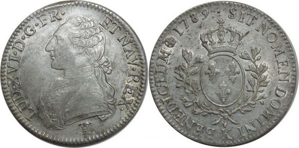 France Ecu Louis XVI 1789 K Bordeaux Argent Silver PCGS AU53 SUP