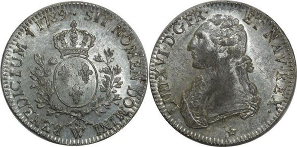 France Ecu Louis XVI 1789 W Lille Argent Silver SUP PCGS MS62 