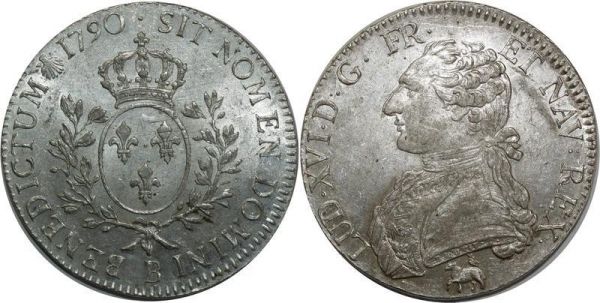 France Ecu Louis XVI 1790 B Rouen Argent Silver PCGS MS61 UNC 