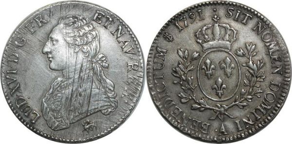 France Ecu Louis XVI 1791 .A Paris 2nd Sem Argent Silver 