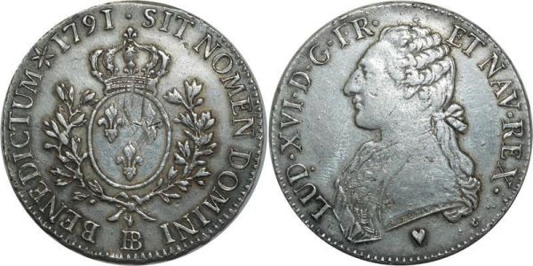 France Ecu Louis XVI 1791 BB Strasbourg 2nd Sem Argent Silver