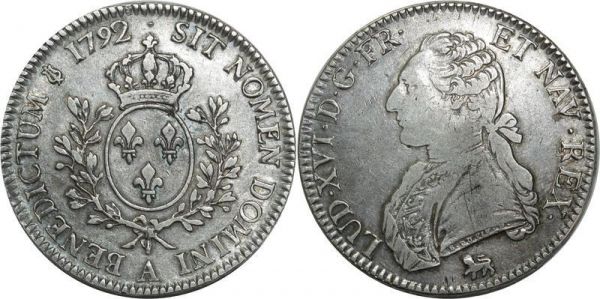 France Ecu Louis XVI 1792 A Paris Argent Silver TTB+ 