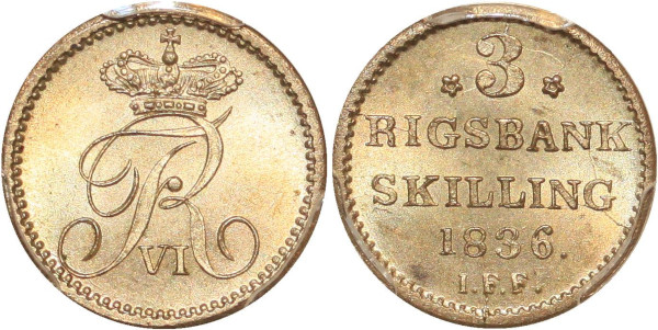 Denmark very rare finest 3 Rigsbankskilling 1836 IFF PCGS MS65