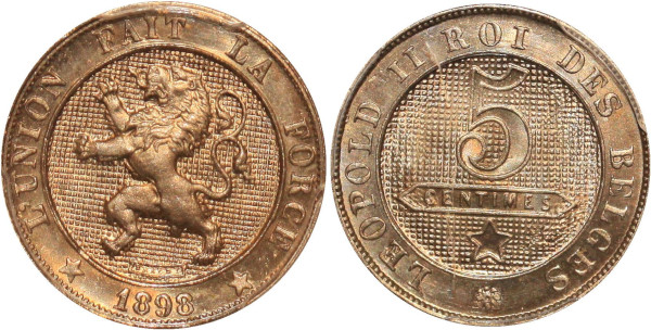 Belgium 5 Centimes Leopold II 1898 PCGS MS66 FDC +++