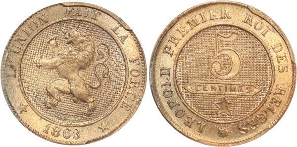 Belgium 5 Centimes 1863 PCGS MS66 Cupro-Nickel 