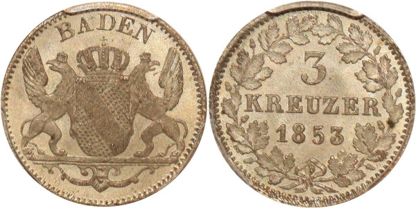 Germany rare Baden-Durlach Kreuzer Baden 1853 PCGS MS65 Argent Silver