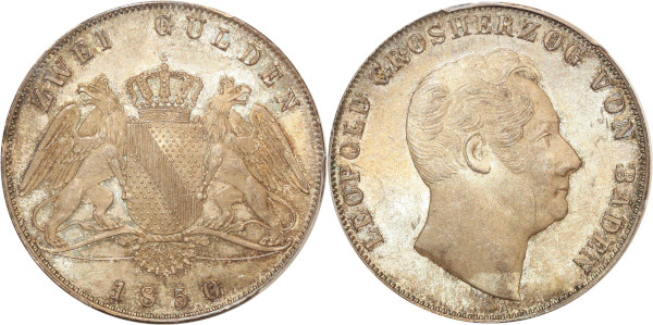 Germany rare 2 Gulden Léopold Grosherzog 1850 PCGS MS64 Argent Silver BU