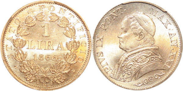 Italy very rare Lira Pius IX Pont 1866 R Orléan PCGS MS66 Argent Silver
