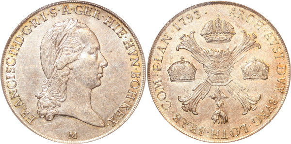 Italy rare Francesco II Habsburg Kronenthaler 1793 Milan PCGS AU58 LUSTRE