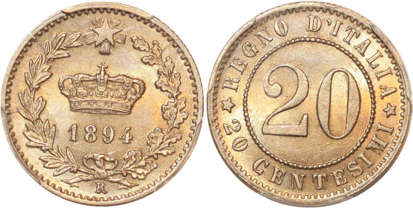 Italy rare Umberto I 20 Centimes 1894 R Roma PCGS MS64 