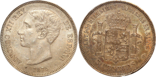 Spain rare 5 Pesetas Alphonse XII 1875 DE PCGS AU53 Argent Silver