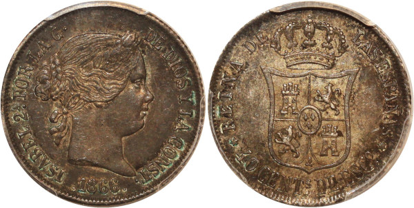 Spain rare 40 centimos 1866 Isabel 1866 PCGS AU53 Silver