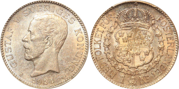 Sweden rare Krona Gustaf V 1924 W PCGS MS62 Argent Silver 