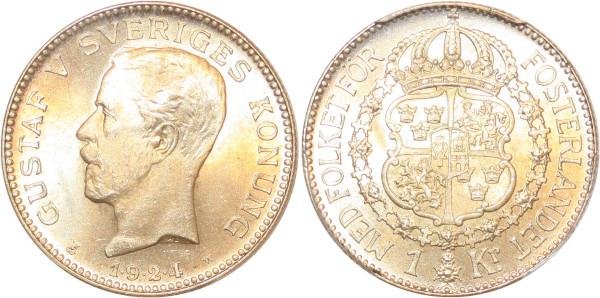 Sweden rare 1 Krona Gustav V 1924 W PCGS MS66 Argent Silver FDC +++