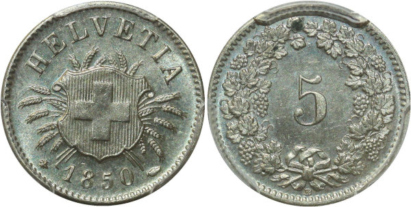 Switzerland rare Swiss 5 Rappen 1850 BB Strasbourg PCGS MS64 Silver