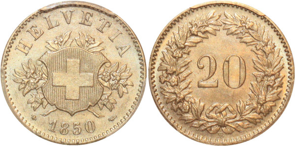 Switzerland rare Swiss 20 Rappen 1850 BB Strasbourg PCGS MS65 