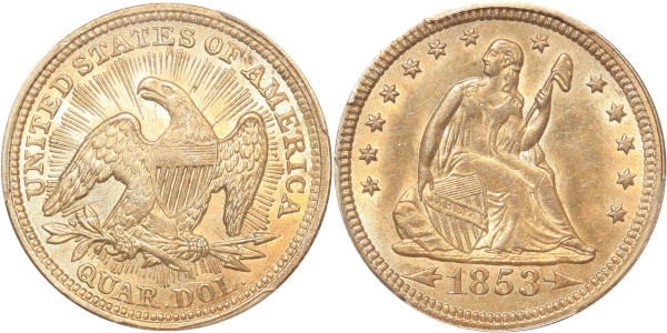 USA rare Liberty Seated Quarter 25 Cents 1853 PCGS UNC !!! 