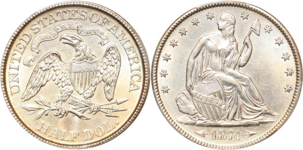 USA rare Liberty Seated Half Dollars 50 Cents 1874 PCGS AU !
