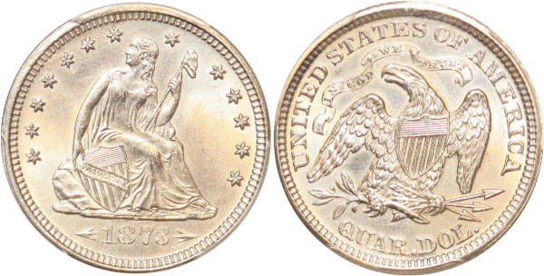 USA rare Liberty Seated Quarter Dollars 25 Cents 1873 PCGS UNC !! 