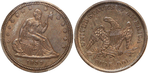USA rare Liberty Seated Quarter Dollars 25 Cents 1839 PCGS UNC !!! 