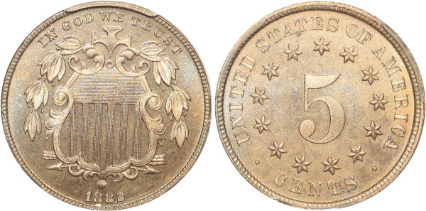 USA rare Shield 5 Cents 1882 PCGS PR66 PROOF 
