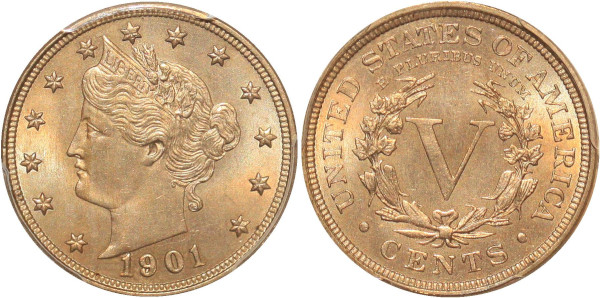 USA rare 5 Cents Liberty Head 1901 PCGS MS65 