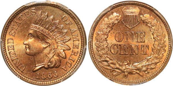 USA rare 1 Cent Indian Head 1863 PCGS MS65 