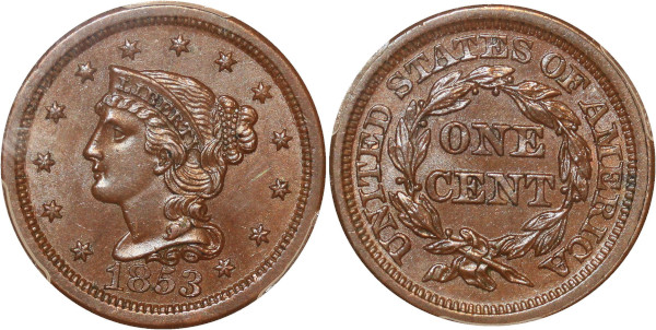 USA rare 1 cent Liberty head breaded hair 1853 PCGS MS63 SPL