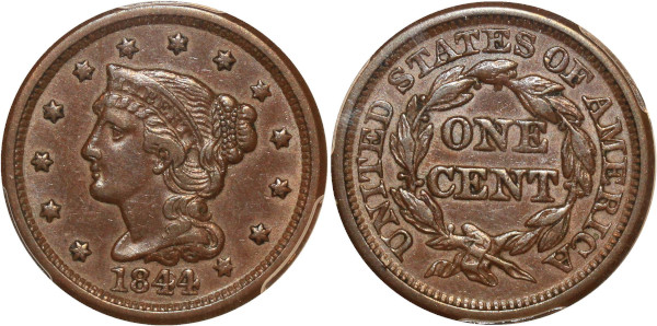 USA scarce 1 cent Liberty head breaded hair 1844 / 81 PCGS AU50 SUP