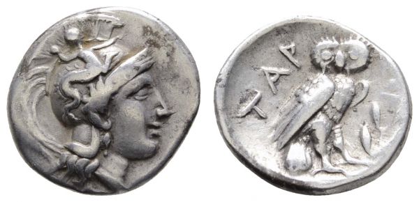 Griechen Calabria Tarentum AR Drachme ca. 302-280 v.u.Z. Av: Kopf der Athena mit Skyllahelm nach rechts, Rv.: TAP, Eule, rechts Olivenzweig  Vlasto 1047-1053 HN Italy 975 3.17 g. ss