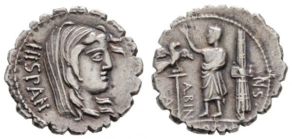 Römer Republik A. Postumius Albinus, 81 v. Chr. AR Denar (Serratus) Rom Av.: Kopf der Hispania capite velato nach rechts, dahinter HISPAN, Rv.: POST A F (im Abschnitt) / N S / ALBIN / A, Togatus nach links stehend zwischen Aquila und Fasces  Craw. 372/2 Syd. 746 3.68 g. ss+