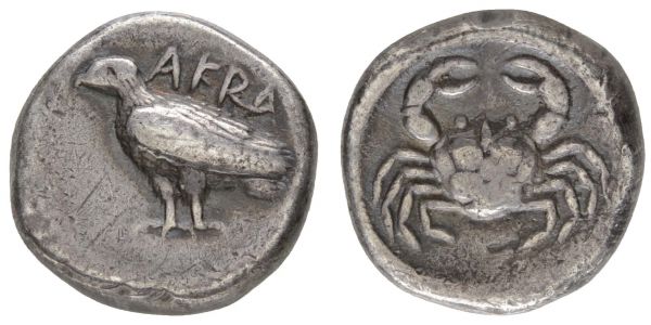 Griechen Sicilia Akragas AR Didrachme 495-485 v.u.Z. Av.: Adler nach linksstehend, Rv.: Krabbe  SNG Cop. vgl. 24 8.30 g. fast ss